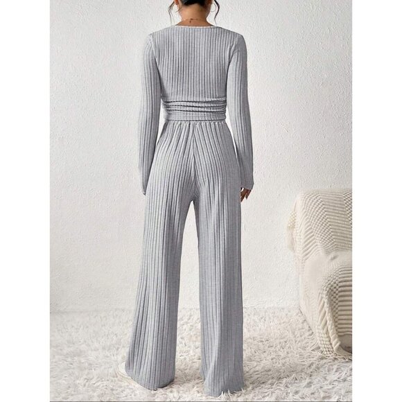 2 piece set: ribbed knit long sleeve tee & elastic waist pants lounge gray - Picture 2 of 9